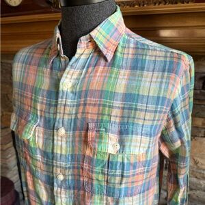 POLO Ralph Lauren Men’s Coral and Green Plaid Linen Sport Shirt - Size MEDIUM